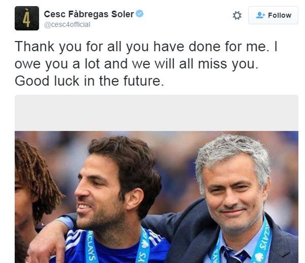 Lời tri ân trên mạng xã hội của Fabregas sau khi Mourinho mất việc