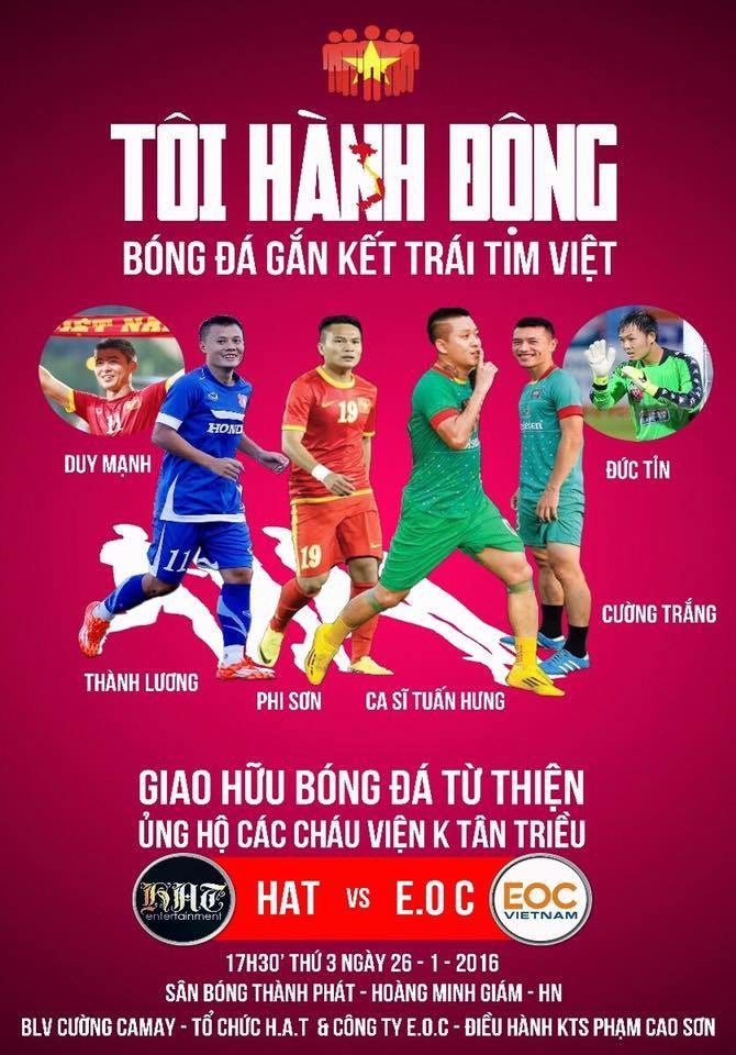 Bộ 3 tuyển thủ QG, Thành Lương, Phi Sơn, Duy Mạnh sẽ sát cánh cùng ca sỹ Tuấn Hưng trong trận giao hữu từ thiện