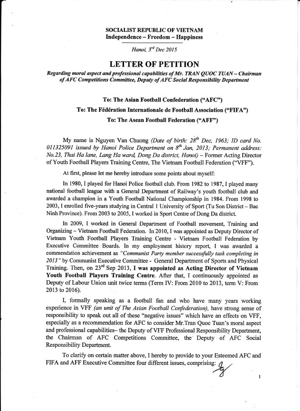 Lá đơn gửi FIFA, AFC, AFF của ông Nguyễn Văn Chương