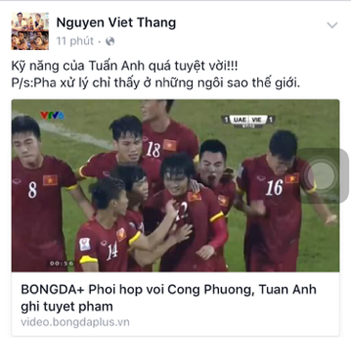 Chia sẻ trên trang cá nhân của cựu tuyển thủ Nguyễn Việt Thắng