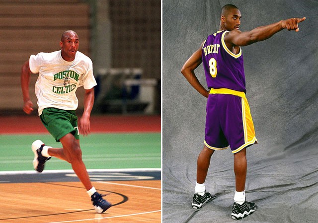 Kobe Bryant trong một buổi tập luyện với Boston Celtics trước khi được Draft và chụp ảnh cho Los Angeles Lakers sau khi chính thức gia nhập đội bóng áo vàng tím.