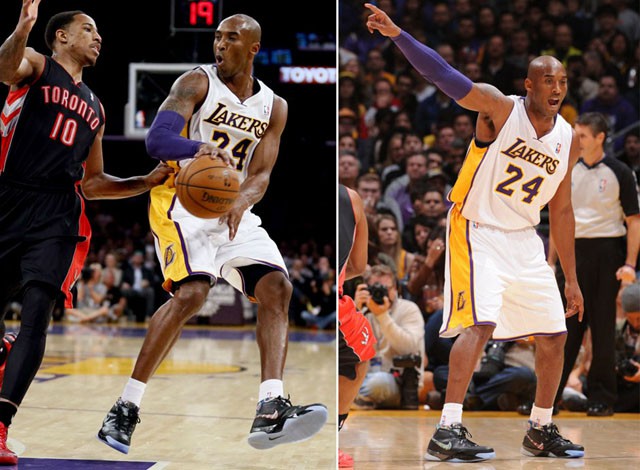  Nike Zoom Kobe 1 “Prelude” trên chân của Kobe Bryant. Các họa tiết trên giày được lấy cảm hứng từ trận đấu ghi 81 điểm trước Toronto Raptors năm 2006.