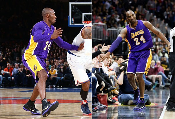 Hai phiên bản Kobe 10 Elite High (ảnh trái) và Elite Low (ảnh phải) cùng trên chân Kobe Bryant.