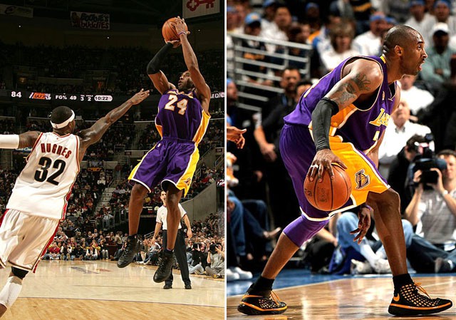 Mẫu Zoom Kobe 3 phối màu ra mắt trong trận gặp Cleveland Cavaliers (trái) và một phối màu PE khác (phải) trên chân của Kobe Bryant.