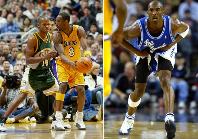 Kobe Bryant cùng Air Jordan 12 “Flint” (ảnh trái) và “French Blue” (ảnh phải).