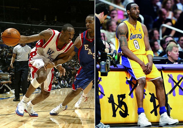 Kobe Bryant trong trận NBA All-Star 2004 (trái) và đang chuẩn bị vào sân trong lượt trận chung kết gặp Detroit Pistons (phải).