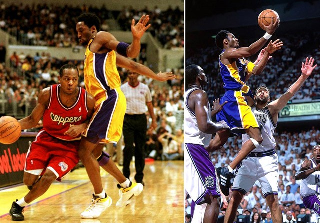 Adidas KB8 III (ảnh trái) và Adidas Forum 2000 (ảnh phải) trên chân của Kobe Bryant.