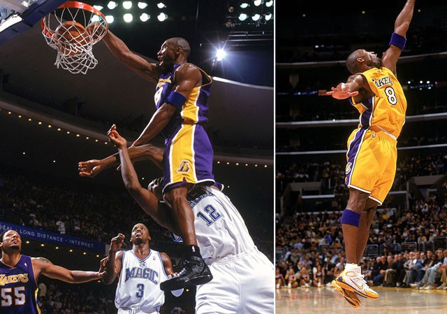 Bức ảnh Kobe Bryant “chào đón” Dwight Howard đến với NBA bằng cách gần như nhảy qua đầu anh này để úp rổ. Trên chân Kobe là một đôi Huarache 2K4 “Blackout” cực ngầu.