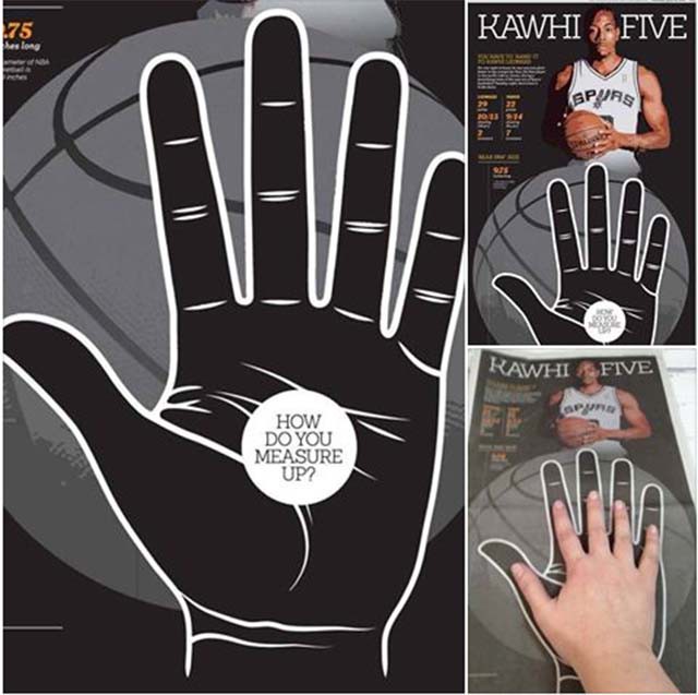 Một tạp chí ở San Antonio từng in bàn tay của Kawhi Leonard với kích cỡ thật lên trang bìa để người đọc ướm thử.