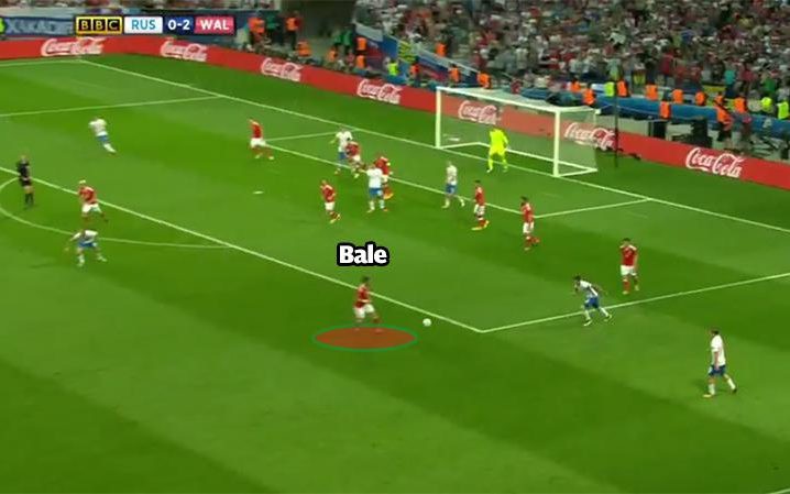Gareth Bale đứng ngay bên ngoài vùng 16m50 của đội nhà để đón bóng được phá ra từ tình huống đá phạt góc của đối phương.