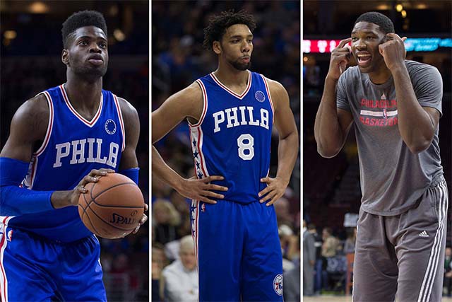 Bộ ba trung phong Nerlens Noel, Jahlil Okafor và Joel Embiid.