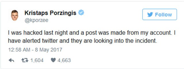 Kristaps Porzingis cho biết tài khoản Twitter bị hack