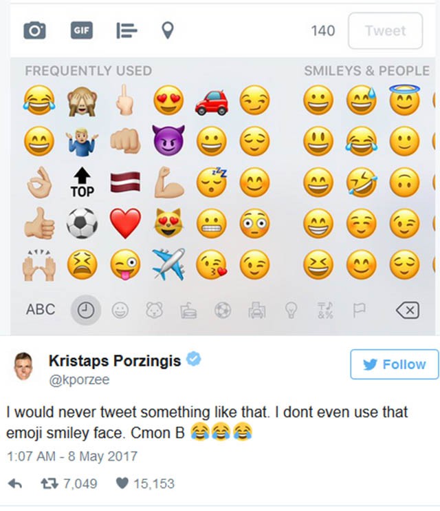 Kristaps Porzingis khẳng định thường không dùng biểu tượng gương mặt cười trên Twitter