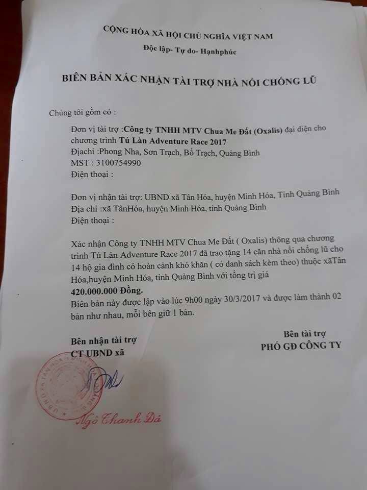 Biên bản xác nhận tài trợ nhà nổi chống lũ giữa Oxalis và UBND xã Tân Hóa, huyện Minh Hóa, tỉnh Quảng Bình