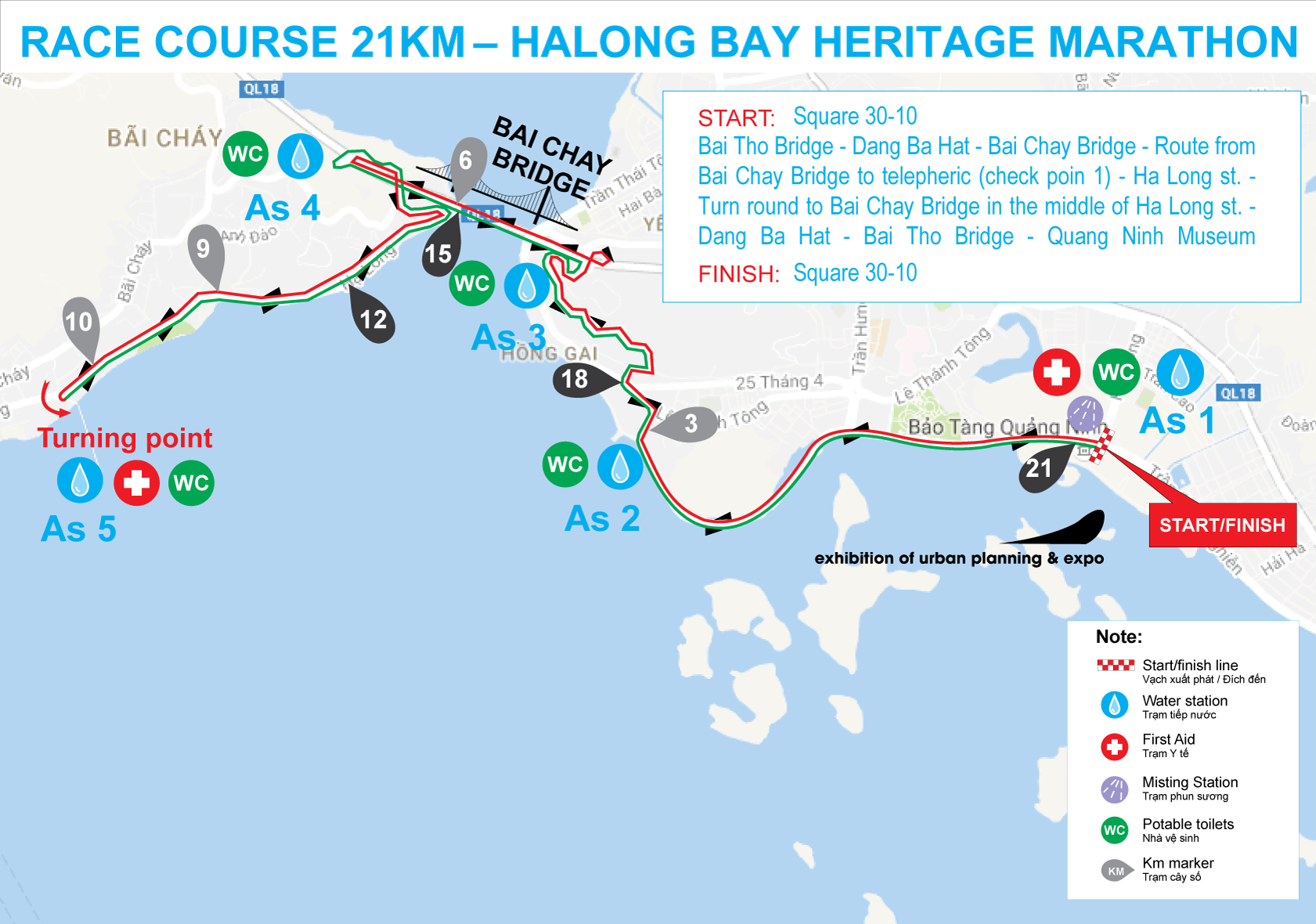Sơ đồ đường chạy 21km Halong Bay Heritage Marathon 2017. Ảnh: BTC
