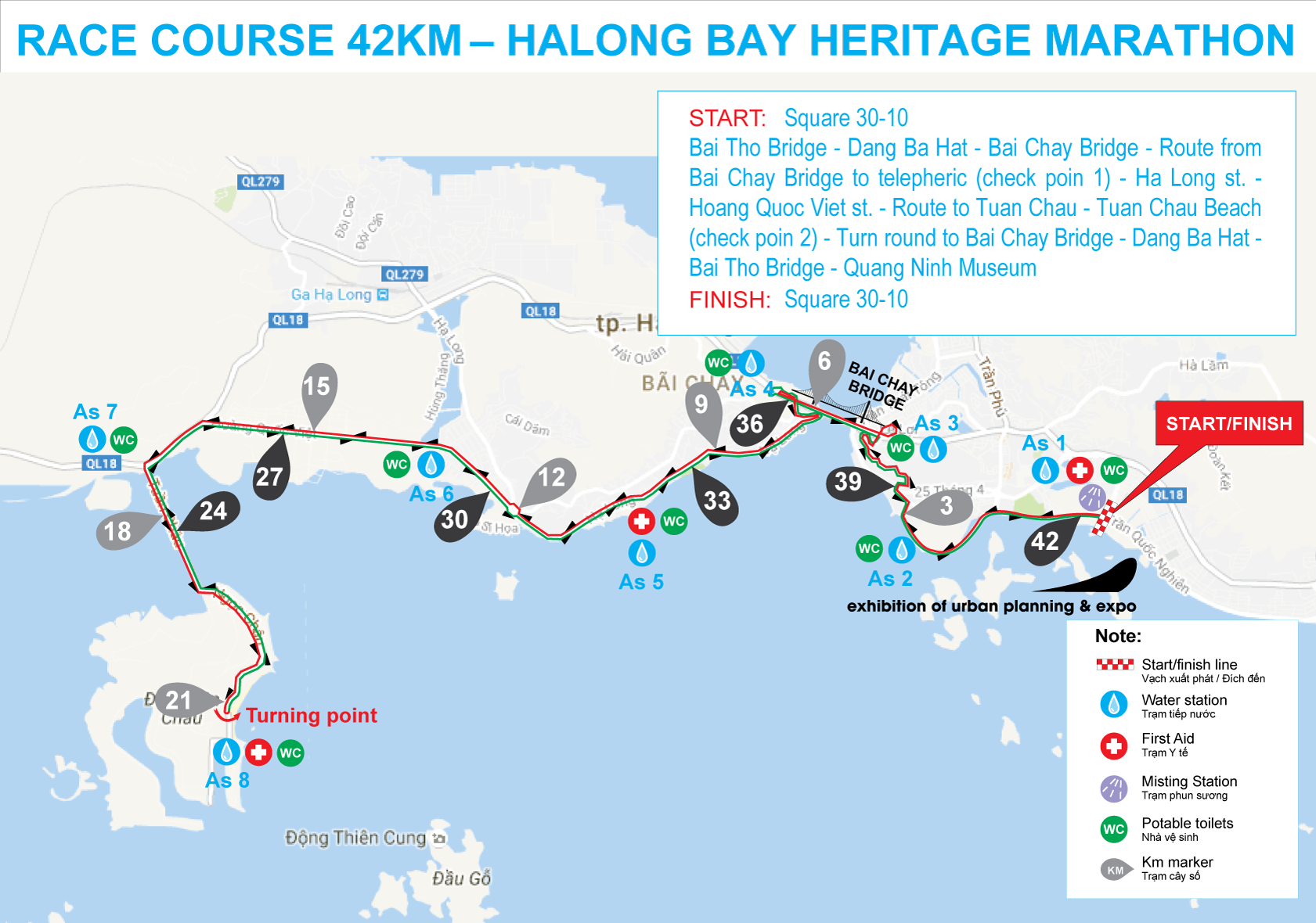 Sơ đồ đường chạy 42km Halong Bay Heritage Marathon 2017