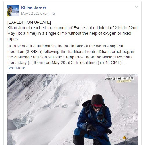 Thông báo chính thức từ fanpage của Kilian Jornet: chinh phục đỉnh Everest (8848m) thành công sau 26 giờ mà không dùng bình oxy hay dây thừng