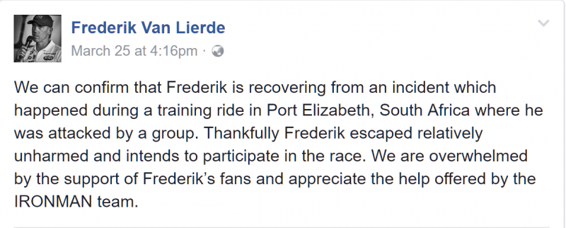 Frederik Van Lidere bị nhóm thanh niên tấn công và cướp điện thoại khi luyện tập chuẩn bị cho giải Ironman Africa Championship ở Nam Phi