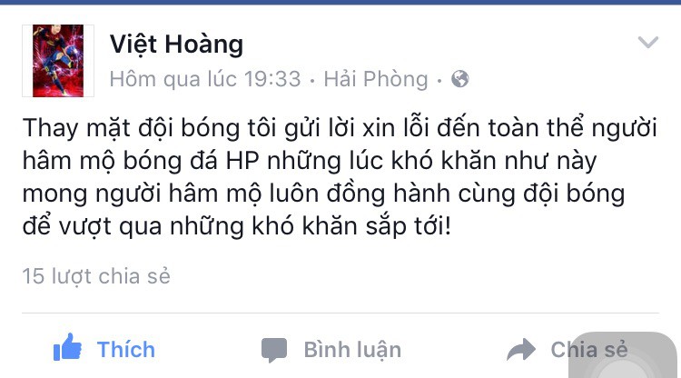 Lời xin lỗi của HLV Việt Hoàng trên trang cá nhân