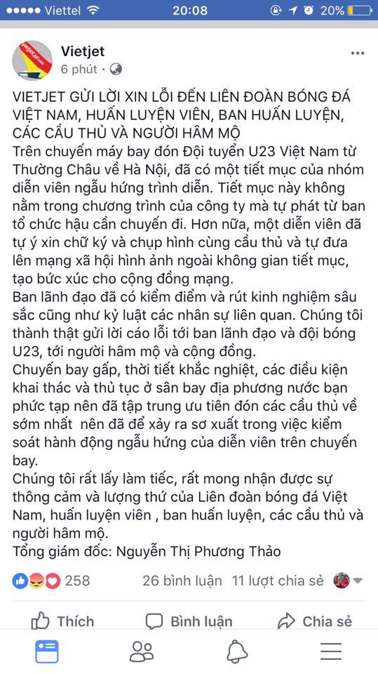 Vietjet gửi lời xin lỗi của bà Nguyễn Thị Phương Thảo trên fanpage nhưng sau đó xóa đi