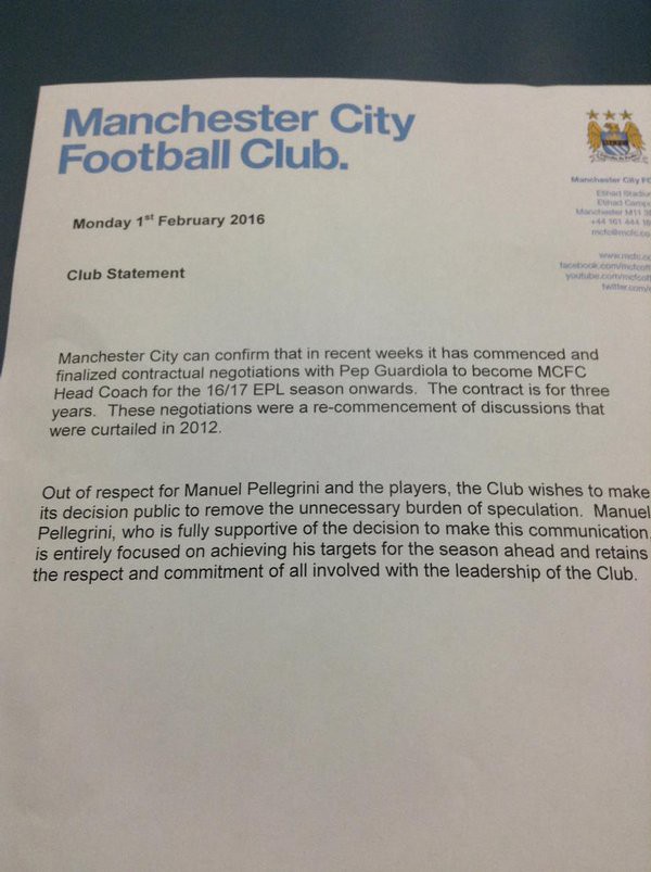 Man City xác nhận Pep Guardiola sẽ làm HLV trưởng CLB từ mùa sau