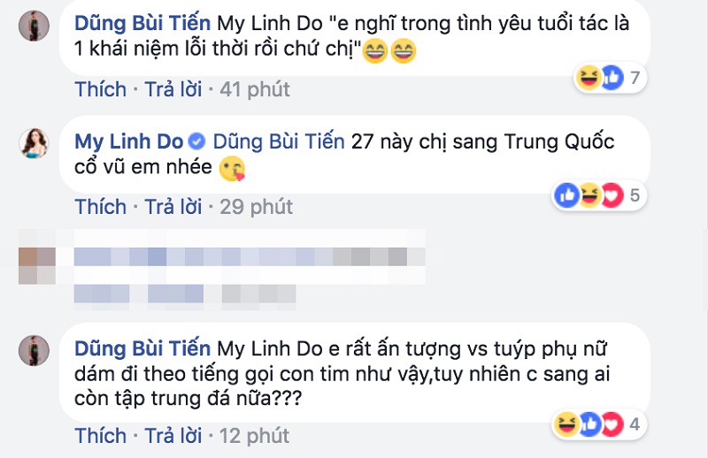Đoạn comment qua lại giữa Bùi Tiến Dũng và hoa hậu Đỗ Mỹ Linh trên facebook.