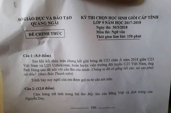 Câu nói của HLV Park Hang Seo trong trận chung kết U23 châu Á 2018 lọt vào đề thi văn HSG lớp 9 cấp tỉnh ở Quảng Ngãi.