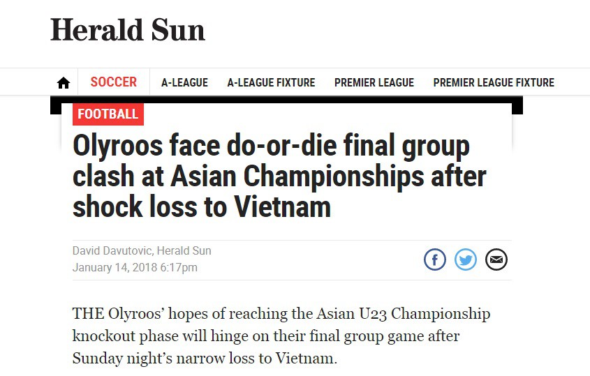 Tờ Herald Sun gọi thất bại trước U23 Việt Nam là cú sốc.