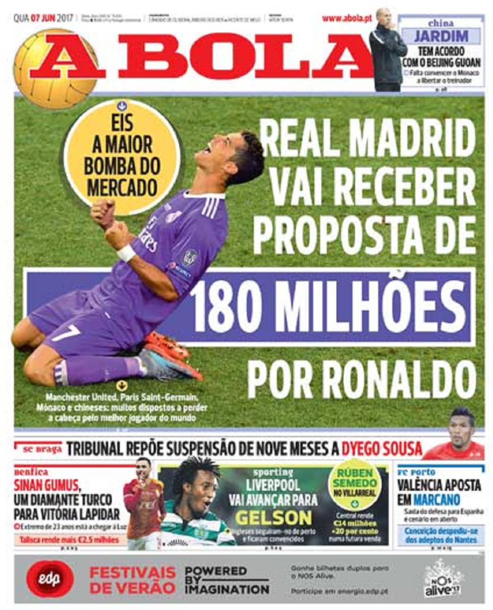 Tờ A Bola loan tin Ronaldo nhận được đề nghị 180 triệu euro