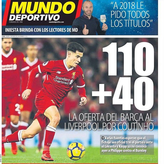 Hình ảnh: Tờ Mundo Deportivo cho biết Barca đề nghị 150 triệu euro cho Coutinho