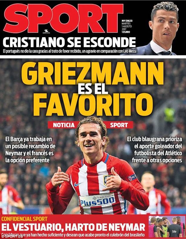 Tờ Sport tin tưởng Barcelona sẽ chọn Griezmann thay thế Neymar