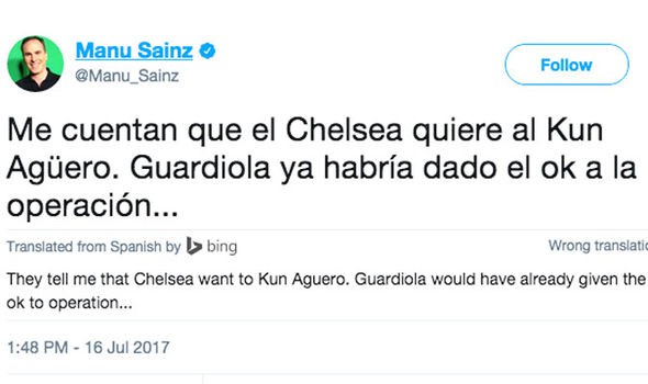 Nhà báo uy tín Manu Sainz tiết lộ tương lai Aguero trên Twitter