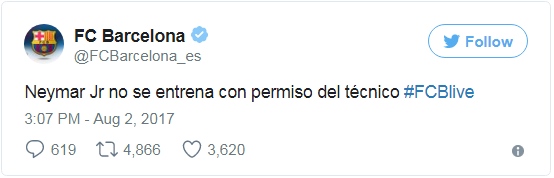 Tài khoản Twitter chính thức của Barcelona xác nhận Neymar được phép nghỉ buổi tập hôm nay