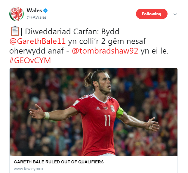 Bale đã bị loại khỏi đội hình xứ Wales đá vòng loại World CUP 2018