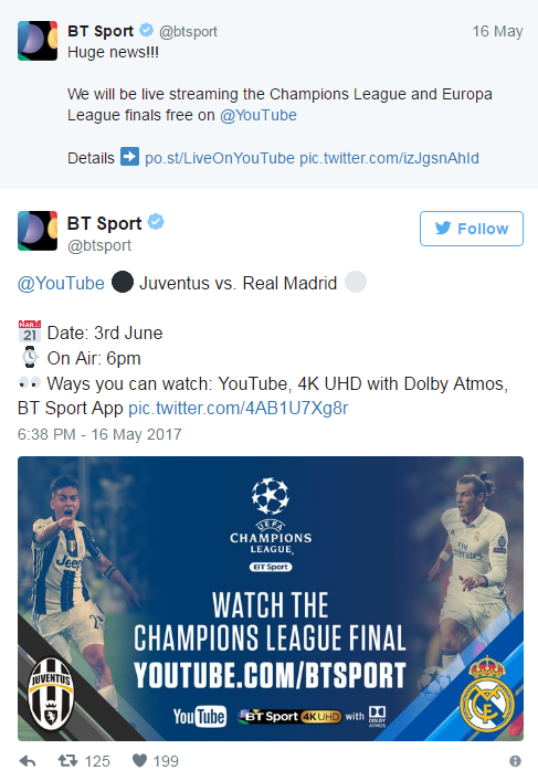BT Sport sẽ phát trực tiếp chung kết Champions League trên kênh Youtube