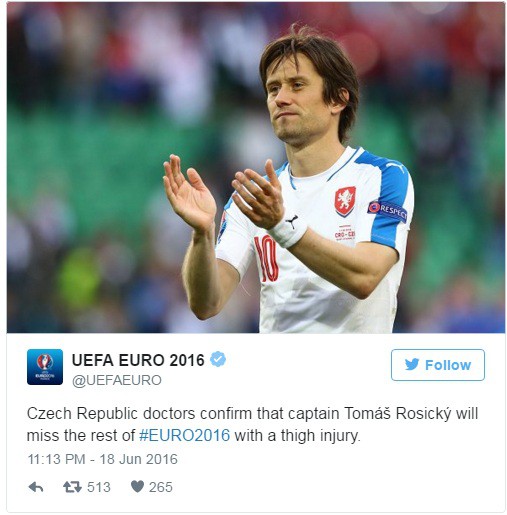 Rosicky nghỉ hết EURO 2016 vì chấn thương