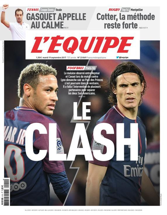 Tờ L'Equipe khẳng định, Neymar và Cavani vừa xảy ra xô xát trong phòng thay đồ PSG