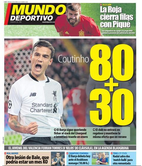 Tờ Mundo Deportivo đưa tin Barcelona hỏi mua Coutinho với giá 110 triệu euro
