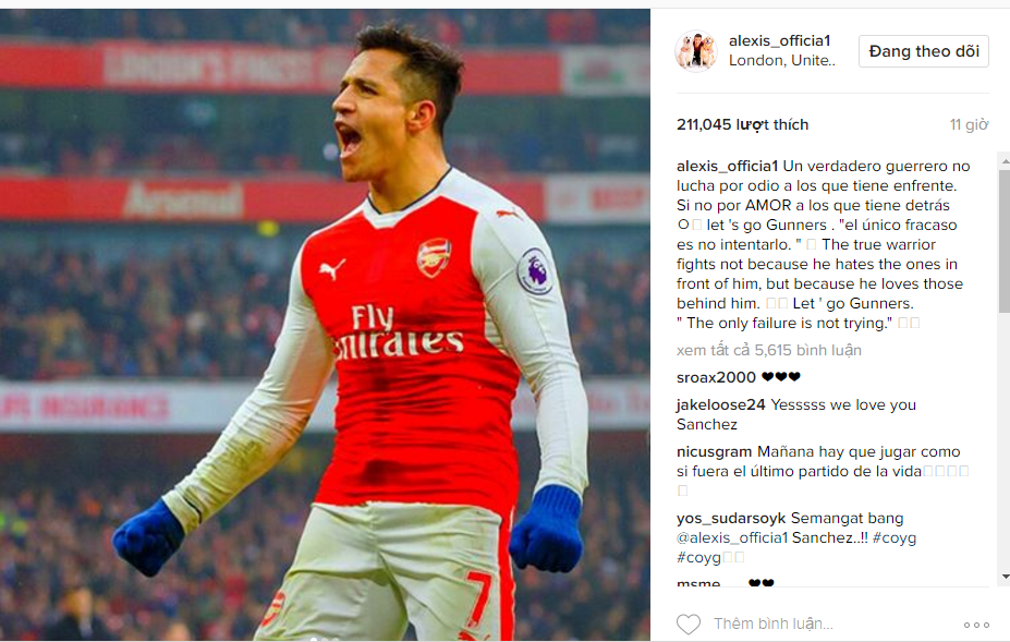 Sanchez phủ nhận tin đồn rời Arsenal trên Instagram