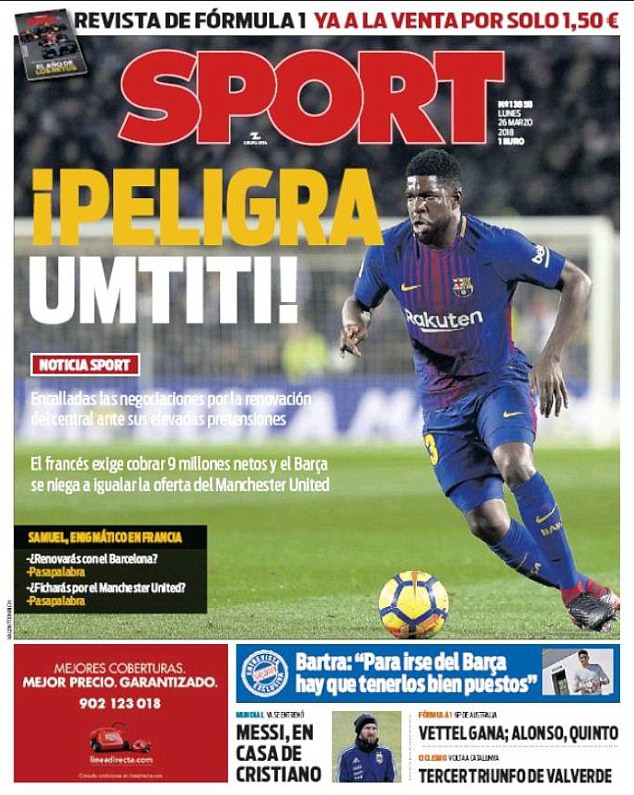 Hình ảnh: Tờ Sport đưa tin về việc Umtiti gây khó dễ trong việc gia hạn hợp đồng