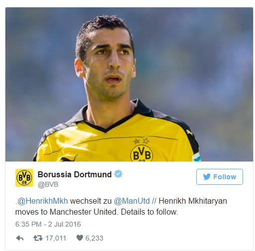 Dortmund đã xác nhận, Mkhitaryan chính thức thuộc về Man Utd.