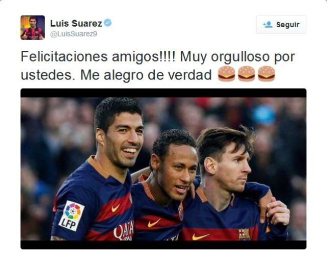 Luis Suarez chúc mừng Neymar và Messi lọt vào danh sách 3 ứng cử viên Quả bóng vàng FIFA 2015.