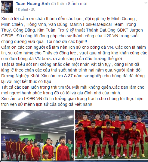 Dòng tâm sự của HLV Hoàng Anh Tuấn chia sẻ trên facebook. Ảnh chụp màn hình