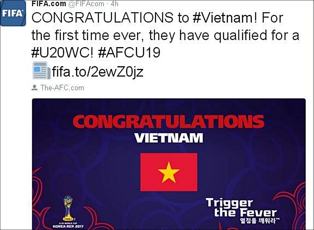 FIFA đã gửi lời chúc mừng chiến công của U.19 Việt Nam trên mạng xã hội Twitter.