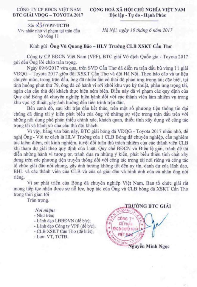 Văn bản VPF gửi HLV Vũ Quang Bảo.