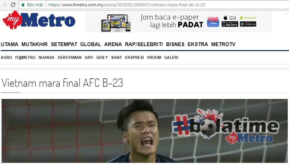 Hình ảnh: Truyền thông Malaysia đưa tin về chiến thắng lịch sử của U23 Việt Nam