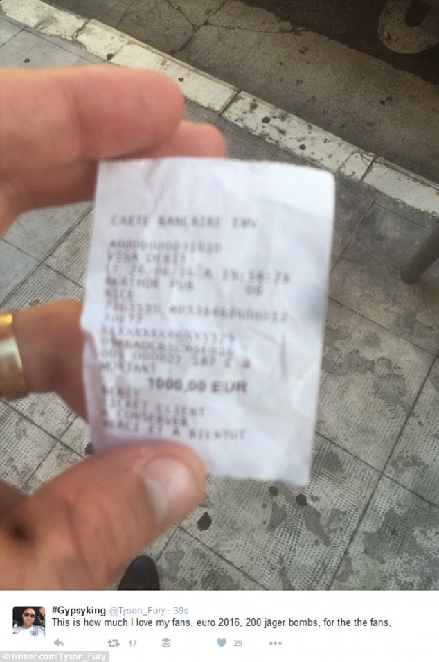 Tờ hóa đơn 1.000 euros được Tyson Fury đăng tải trên tran Twitter cá nhân.