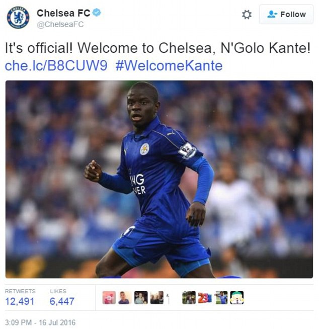 Chelsea chào đón N'Golo Kante thông qua dòng trạng thái trên Twitter.