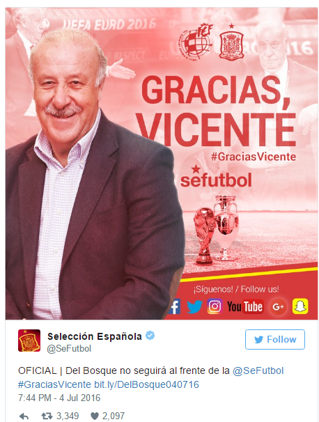 LĐBĐ Tây Ban Nha xác nhận HLV Del Bosque từ chức trên trang Twitter.