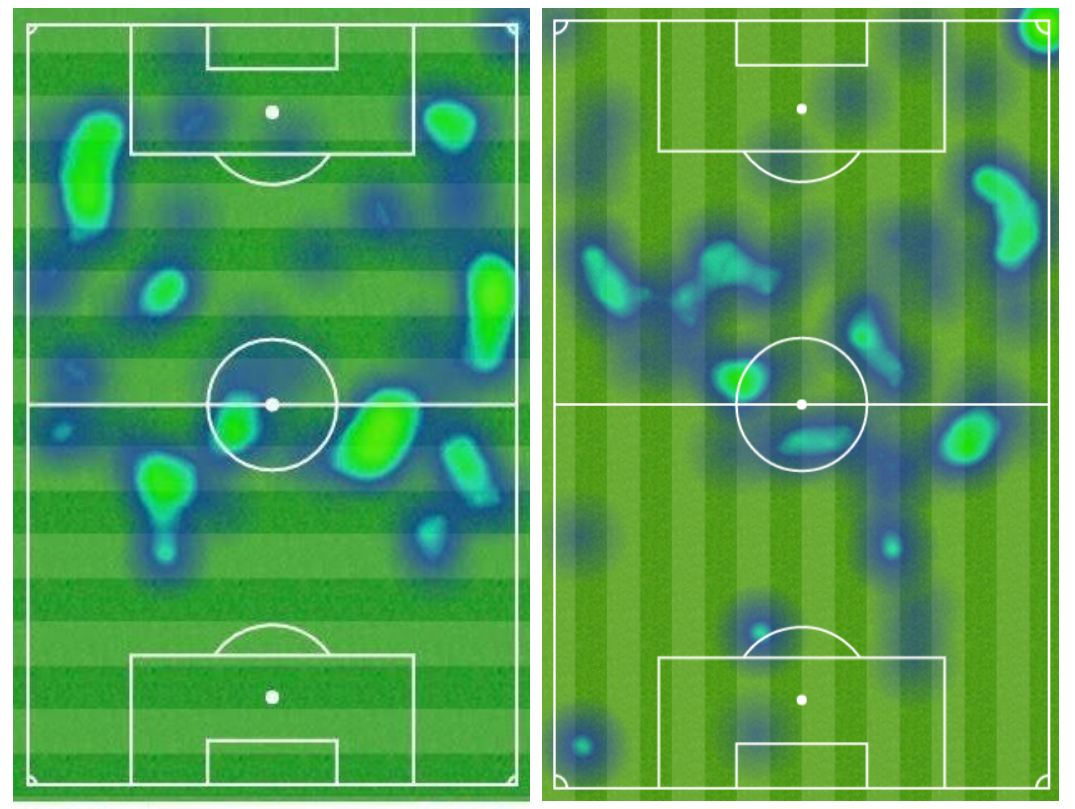 Juan Mata tích cực di chuyển sang hai cánh trong trận đấu với Leicester (bên trái). Điều này khác rất nhiều so với những gì Wayne Rooney làm được (bên phải, trận đấu với Watford).
